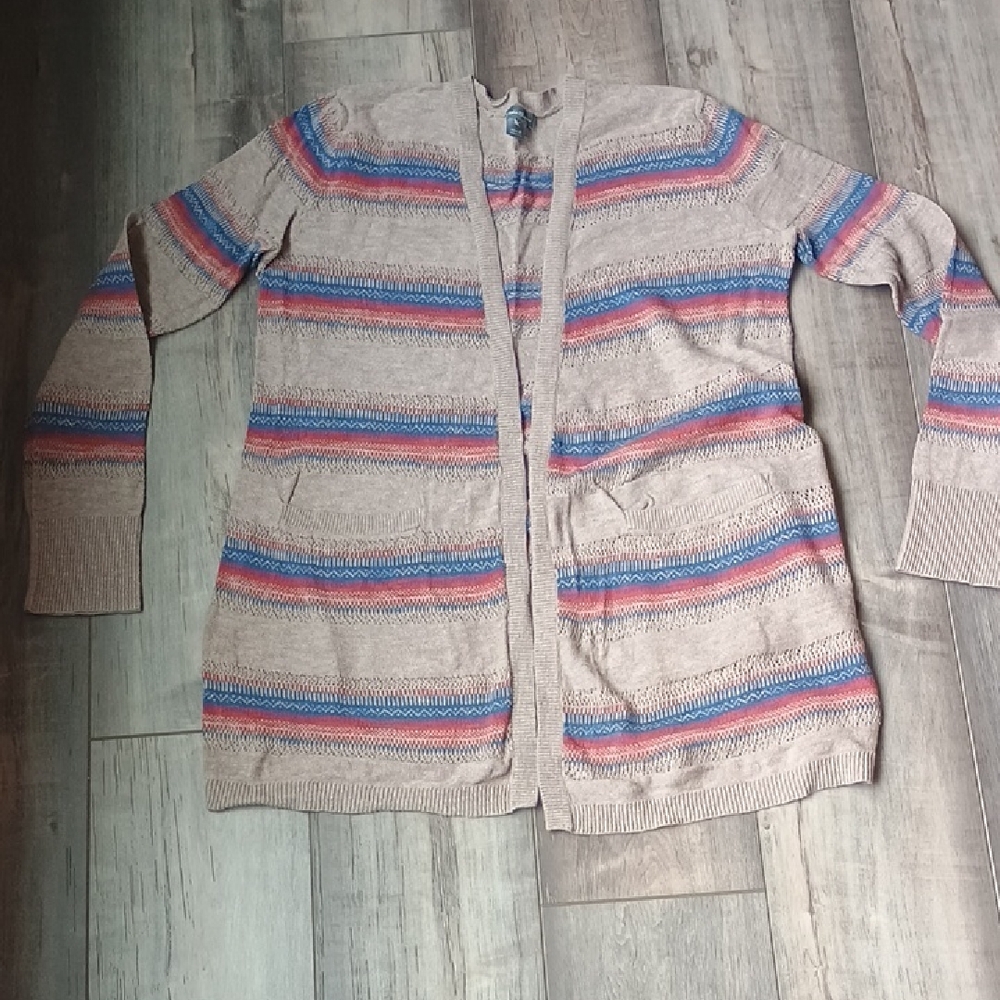 Eddie Bauer Beige and Multicolor Striped Cardigan